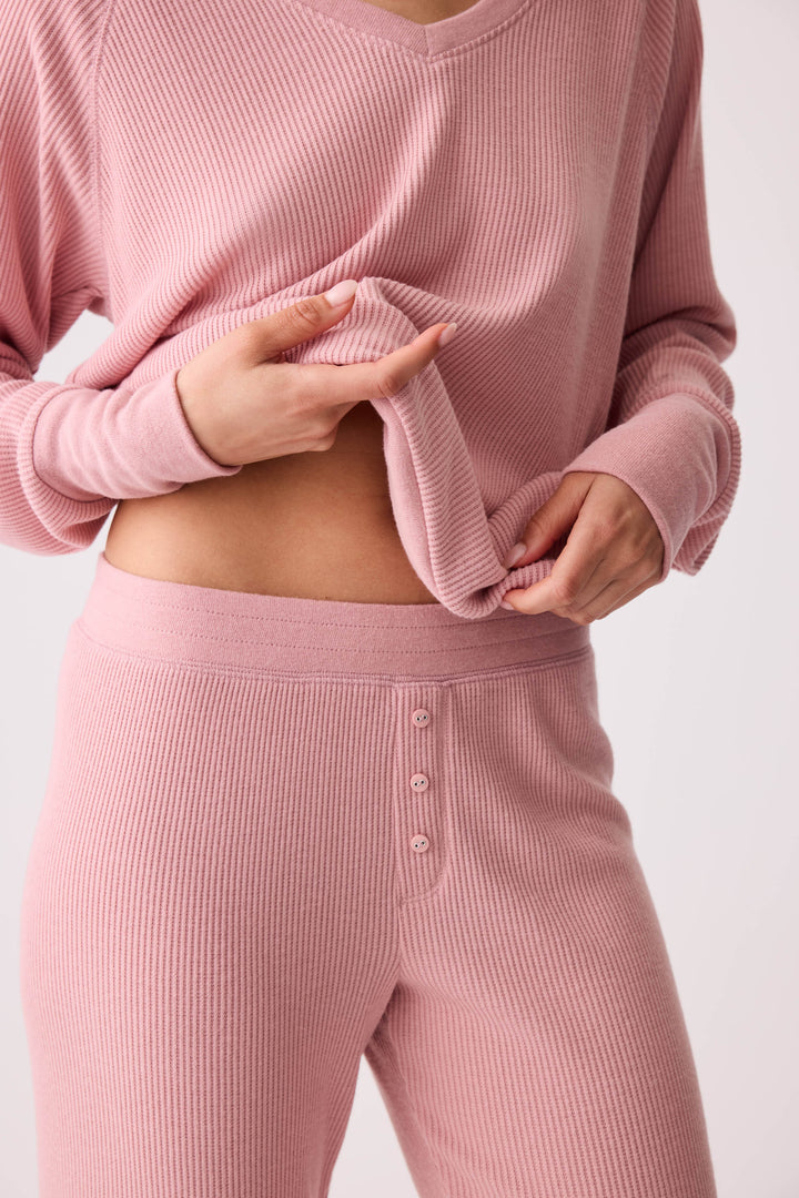 Women's dusty pink brushed rib knit sleep long sleeve and jammie pants.