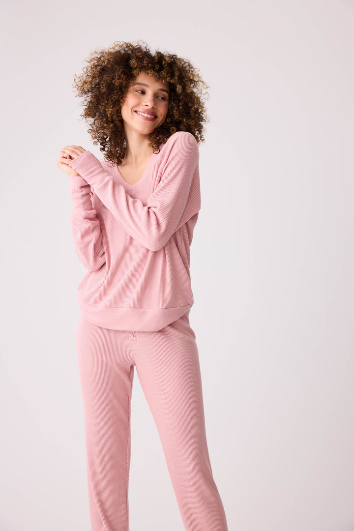 Women's dusty pink brushed rib knit sleep long sleeve and jammie pants.