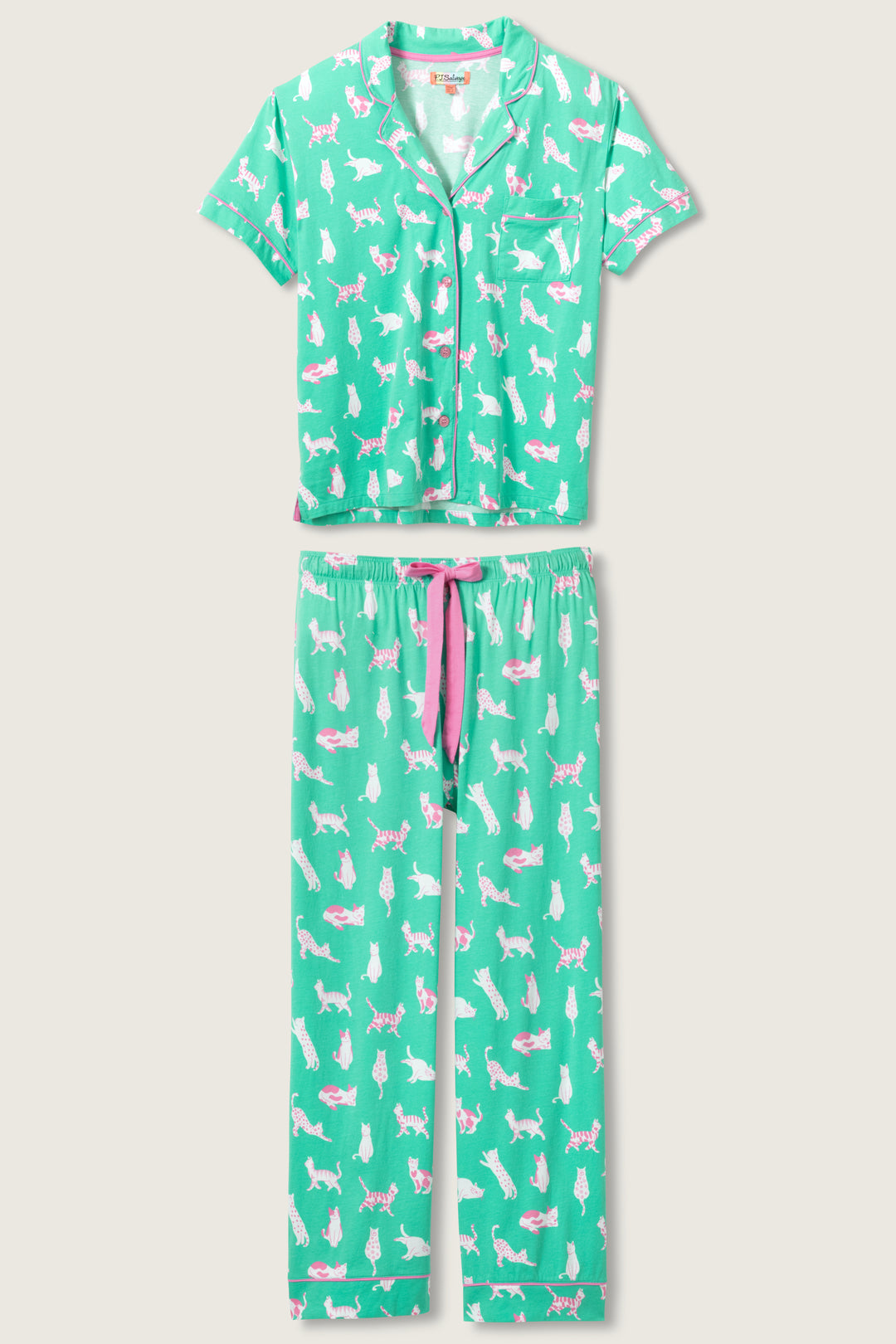 Women's breathable cotton-modal jersey short sleeve pajama set in teal with cats print. With pink contrast piping & tie. Button-front top & open leg pant.