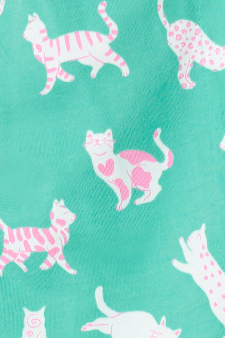 Women's breathable cotton-modal jersey short sleeve pajama set in teal with cats print. With pink contrast piping & tie. Button-front top & open leg pant.