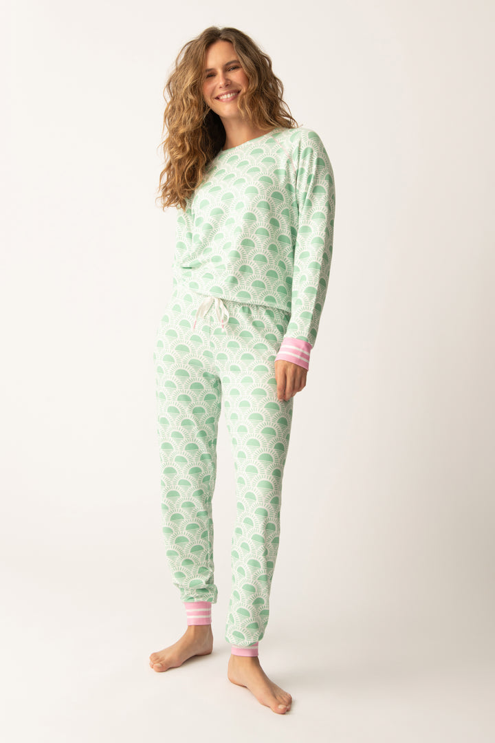 Women's lounge set in racket-sun printed peachy in ivory-green pattern, with pink & green stripe details.