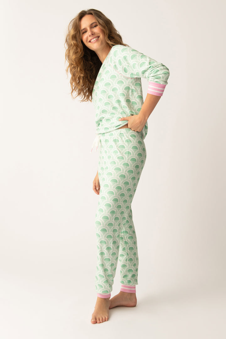 Women's lounge set in racket-sun printed peachy in ivory-green pattern, with pink & green stripe details.
