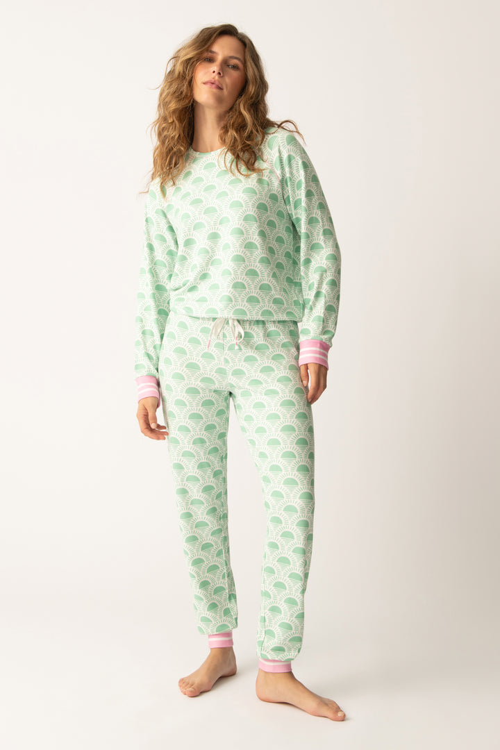 Women's lounge set in racket-sun printed peachy in ivory-green pattern, with pink & green stripe details.