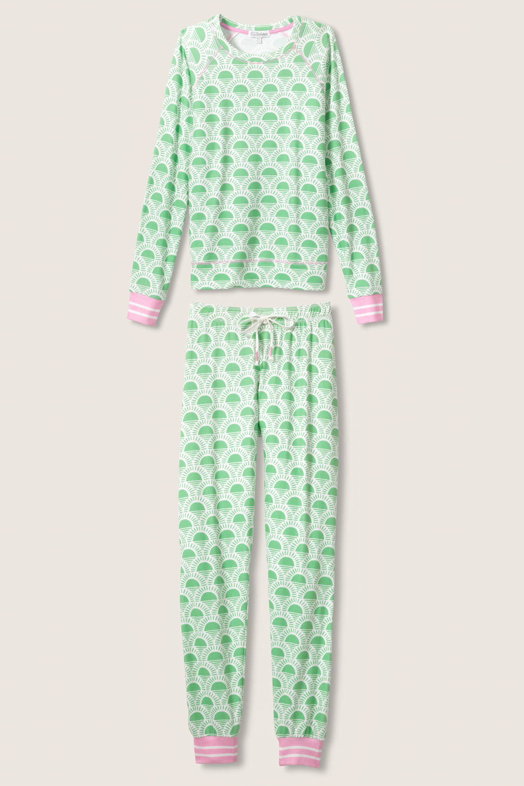 Women's lounge set in racket-sun printed peachy in ivory-green pattern, with pink & green stripe details.