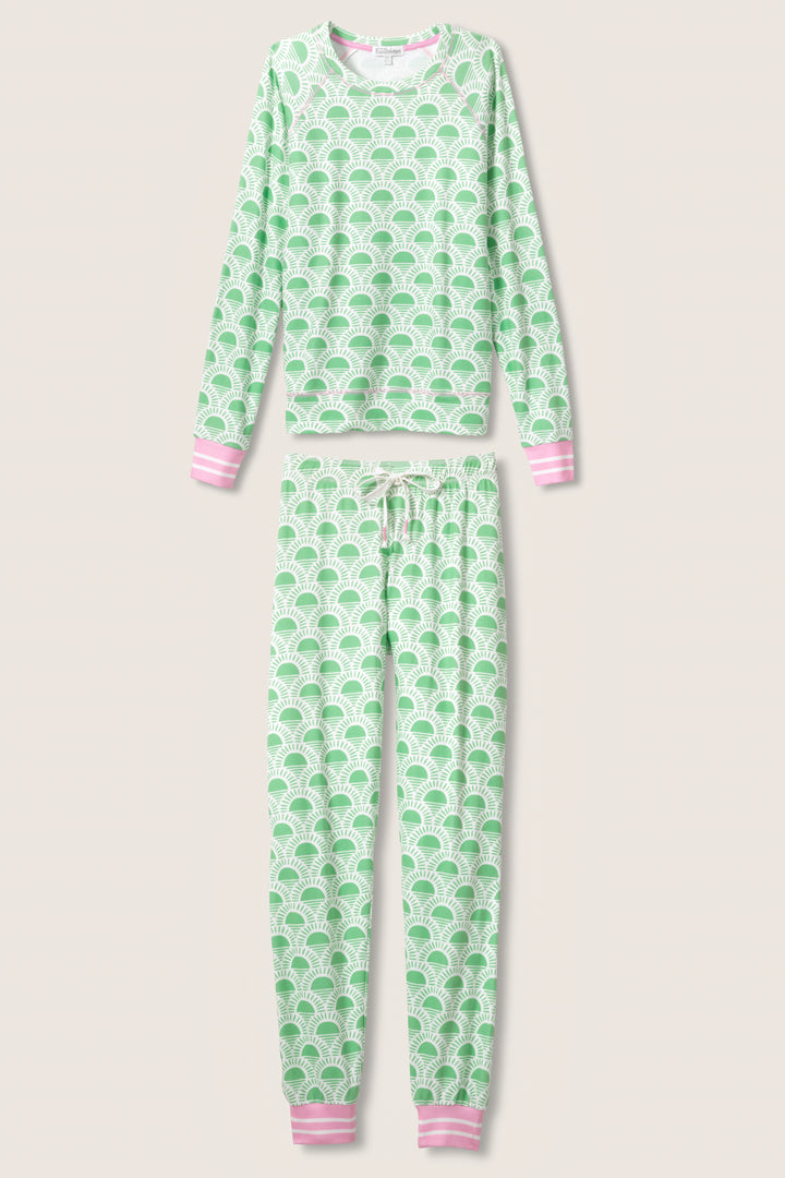 Women's lounge set in racket-sun printed peachy in ivory-green pattern, with pink & green stripe details.