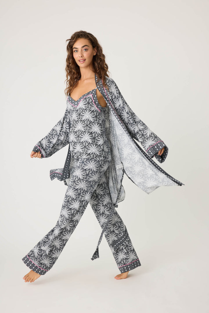 Women's black & ivory palm printed kimono-style robe in modal. With contrast pink piping. Midi length with self tie belt.