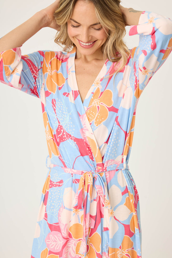 Women's tropical pink & coral floral printed robe in modal jersey. With self belt