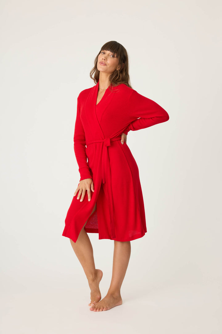Women's red brushed rib knit lounge robe.