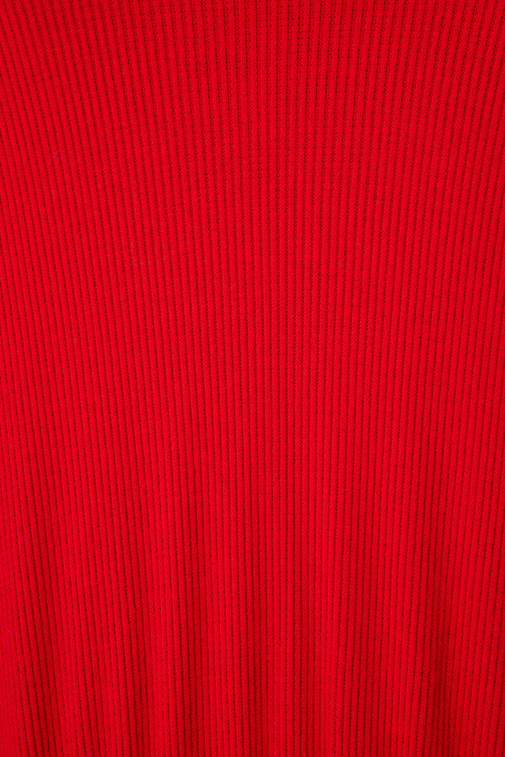 Women's red brushed rib knit lounge robe.