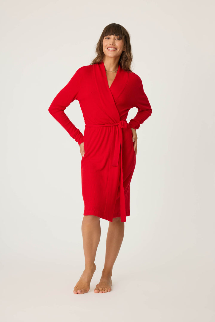 Women's red brushed rib knit lounge robe.