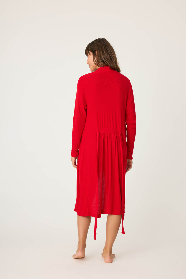 Women's red brushed rib knit lounge robe.