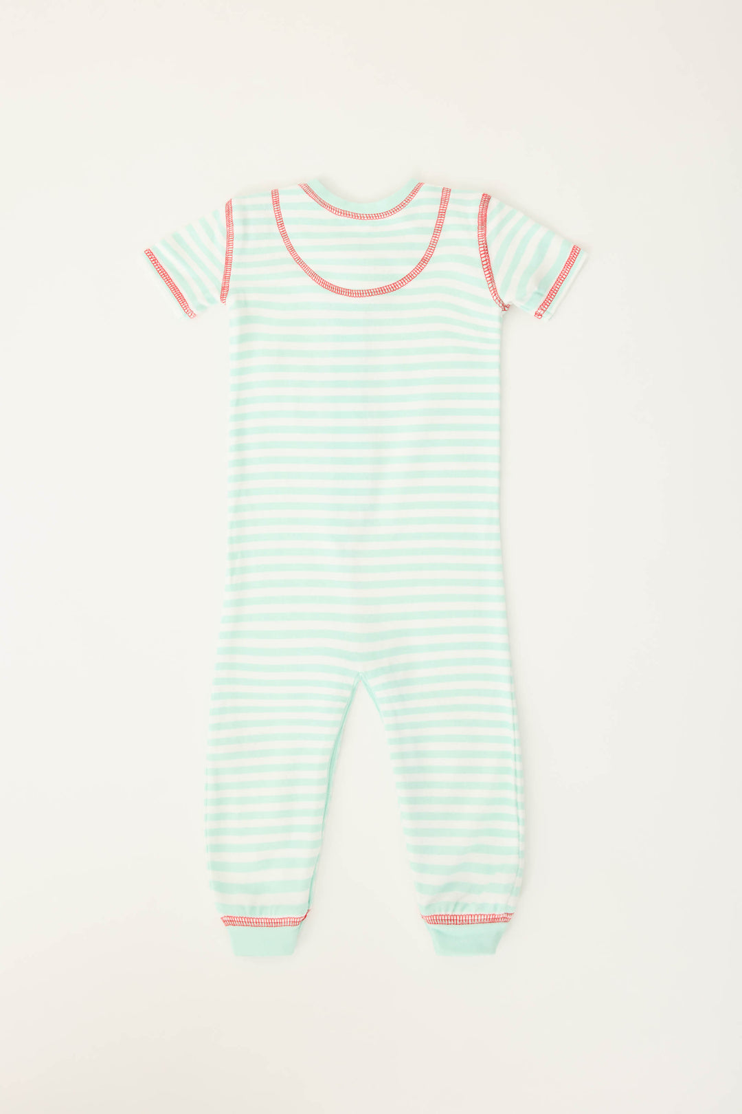 Gender-neutral infant onesie in mint-ivory stripes with snap front & contrast red stitching.