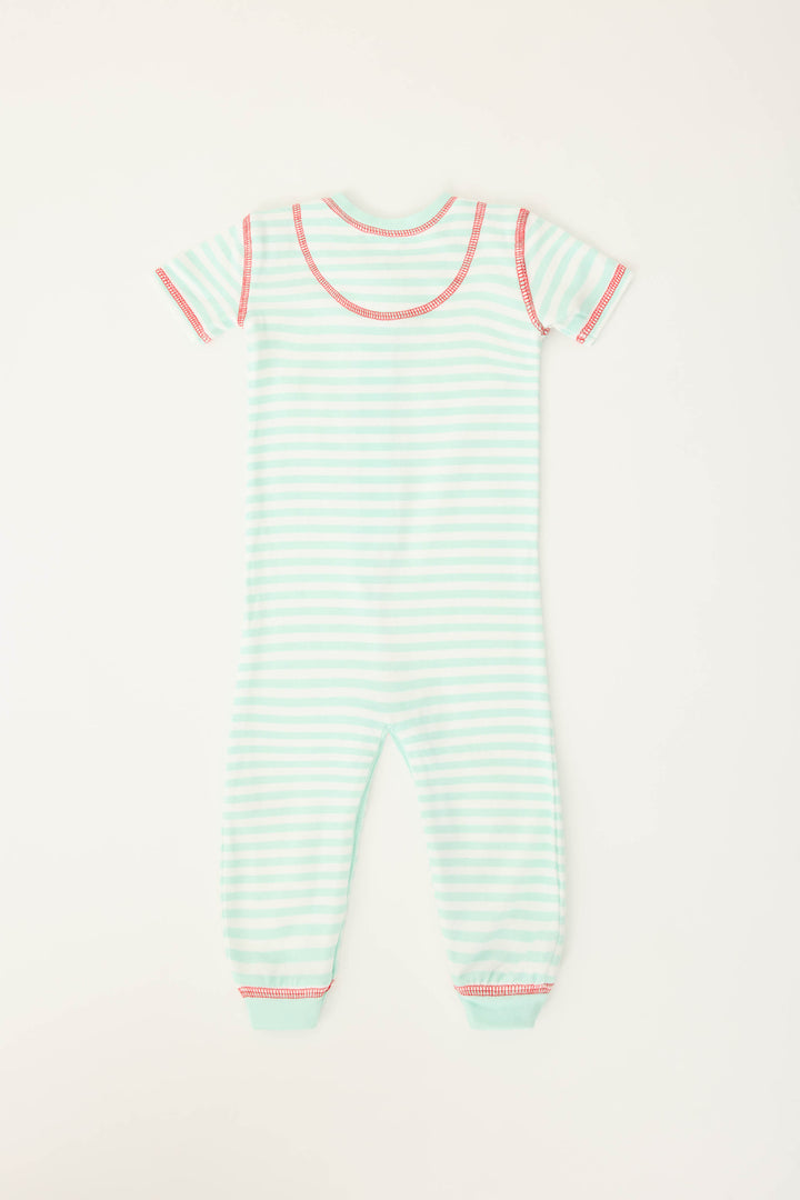 Gender-neutral infant onesie in mint-ivory stripes with snap front & contrast red stitching.