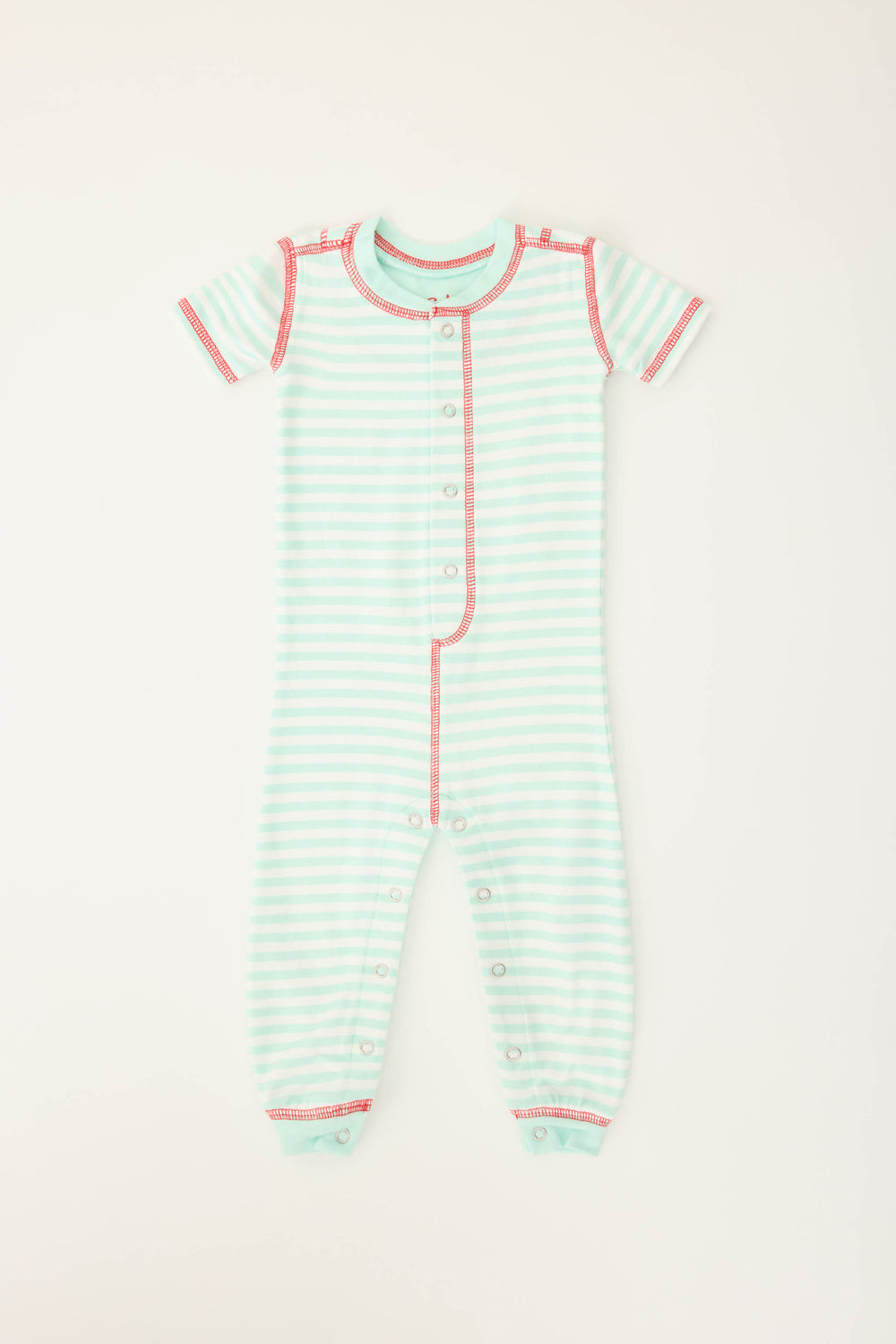 Gender-neutral infant onesie in mint-ivory stripes with snap front & contrast red stitching.