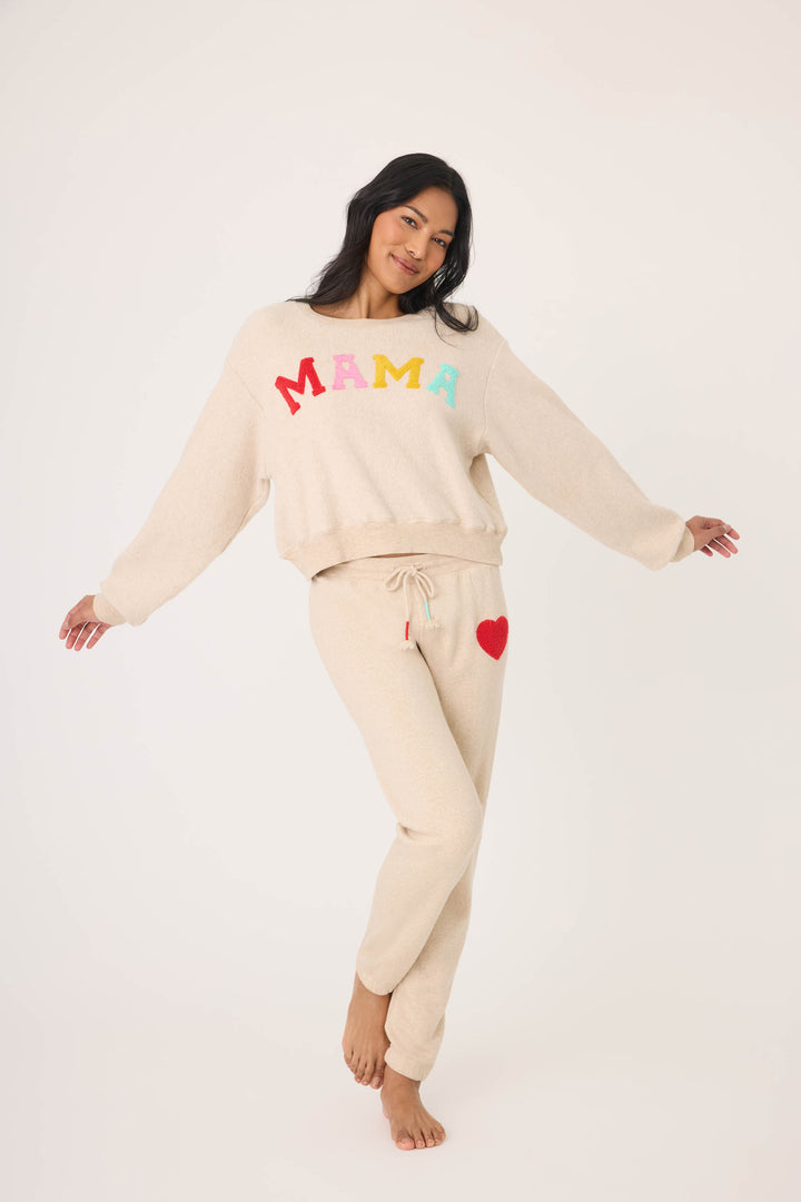Women's oatmeal jogger set with multicolor MAMA boucle lettering applique on chest. Jogger with red heart applique in cloud terry with tie waist.