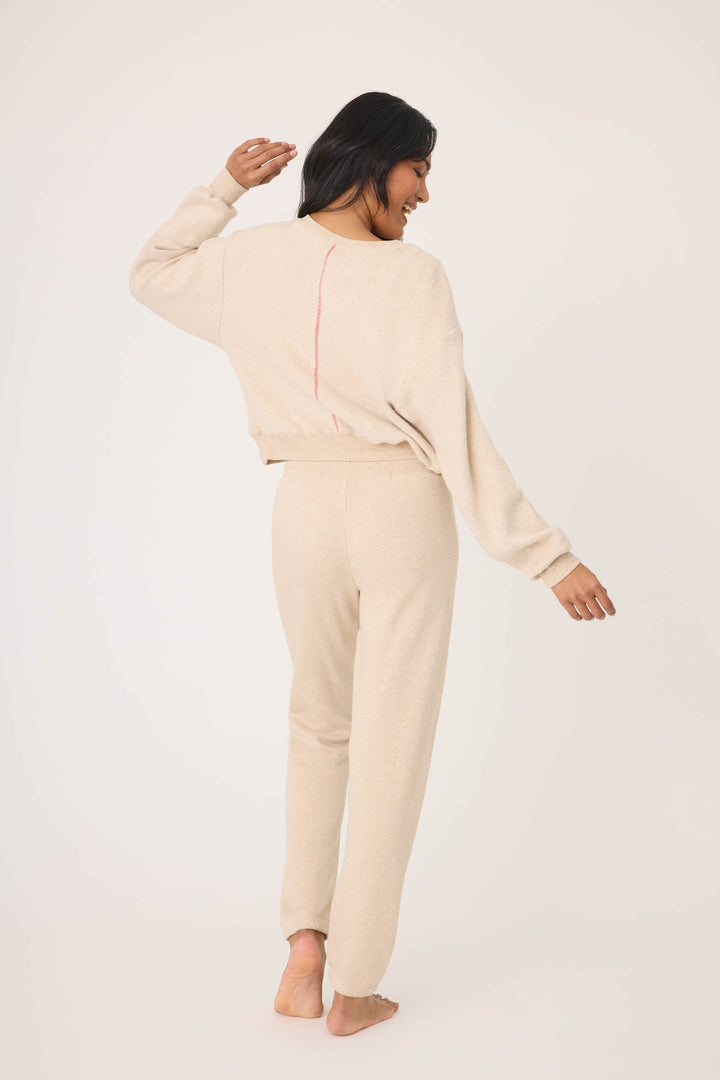 Women's oatmeal jogger set with multicolor MAMA boucle lettering applique on chest. Jogger with red heart applique in cloud terry with tie waist.