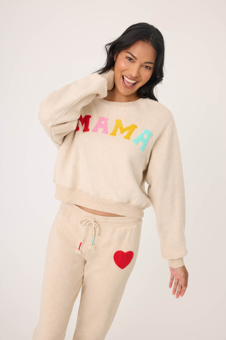 Women's oatmeal jogger set with multicolor MAMA boucle lettering applique on chest. Jogger with red heart applique in cloud terry with tie waist.