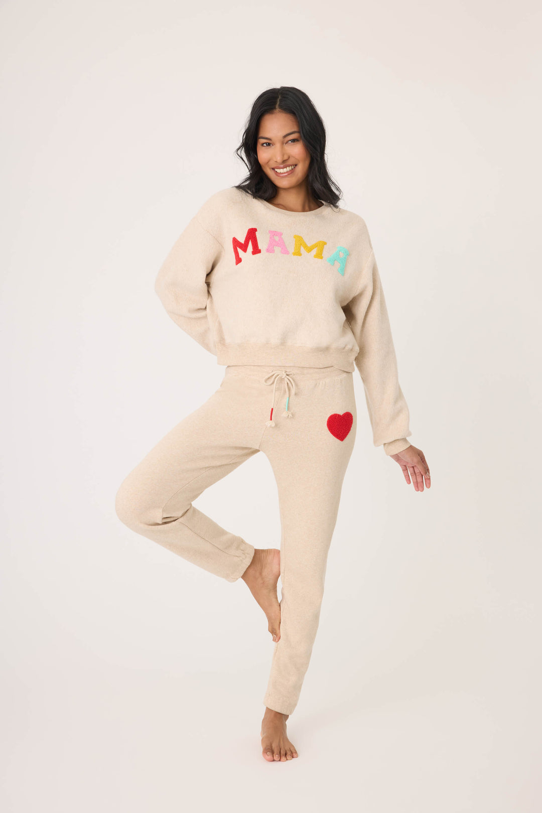 Women's oatmeal jogger set with multicolor MAMA boucle lettering applique on chest. Jogger with red heart applique in cloud terry with tie waist.