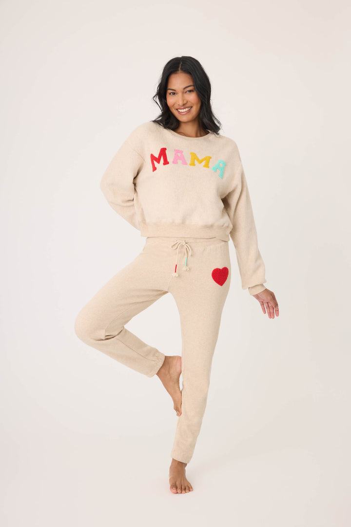 Women's oatmeal jogger set with multicolor MAMA boucle lettering applique on chest. Jogger with red heart applique in cloud terry with tie waist.