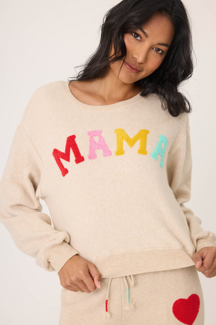 Women's oatmeal jogger set with multicolor MAMA boucle lettering applique on chest. Jogger with red heart applique in cloud terry with tie waist.
