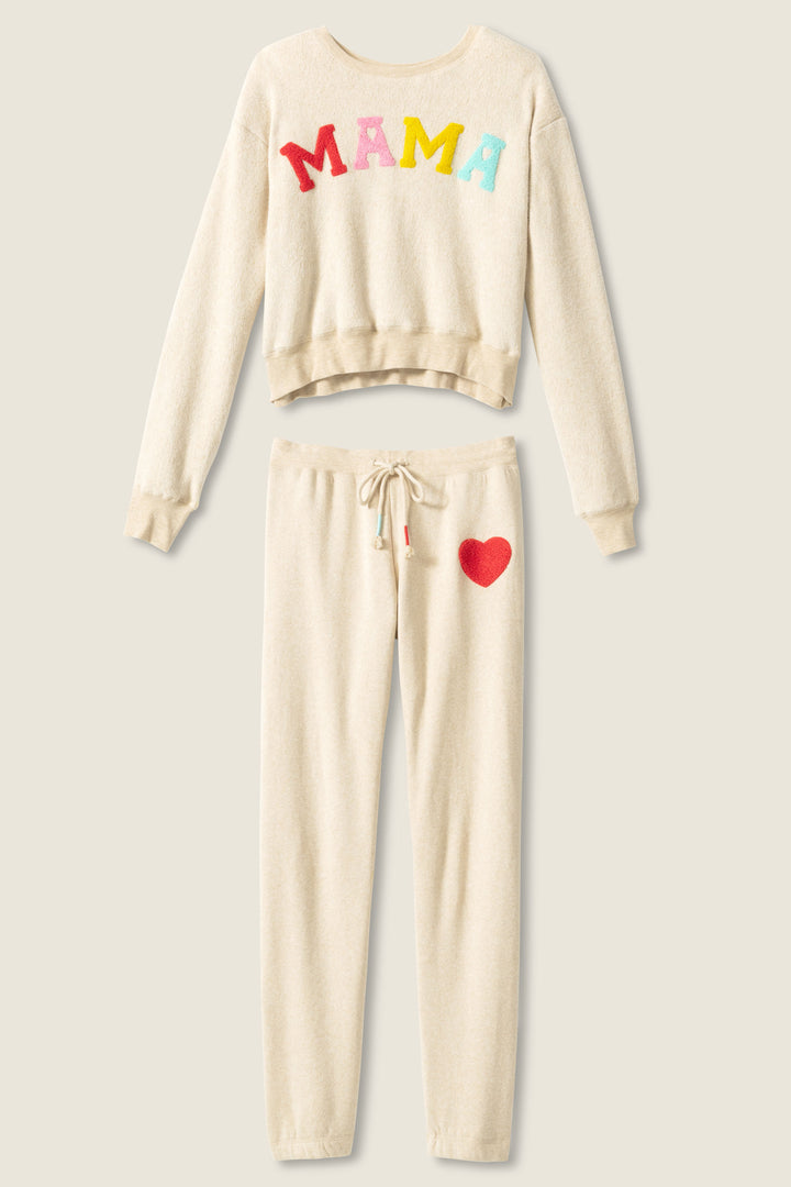 Women's oatmeal jogger set with multicolor MAMA boucle lettering applique on chest. Jogger with red heart applique in cloud terry with tie waist.