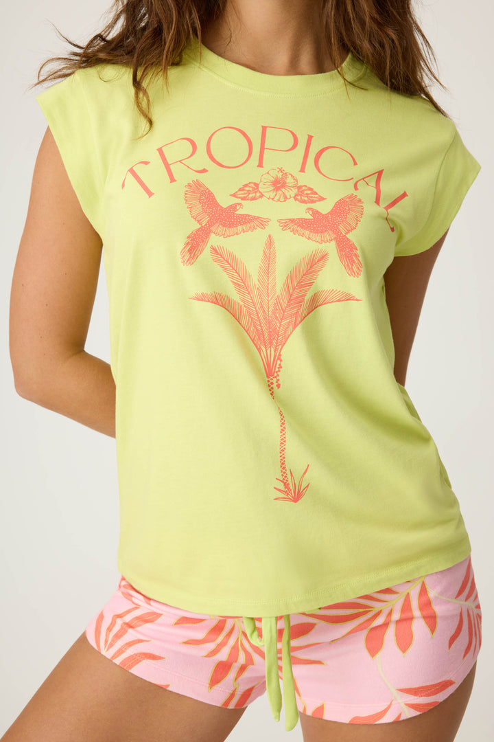 Women's neon green t-shirt with pink 'Tropical' bird of paradise graphic print