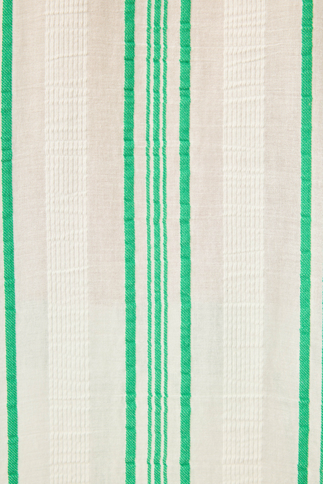 Women's green & white striped short sleeve button-front top in cotton woven gauze. With chest pocket & rounded hem.