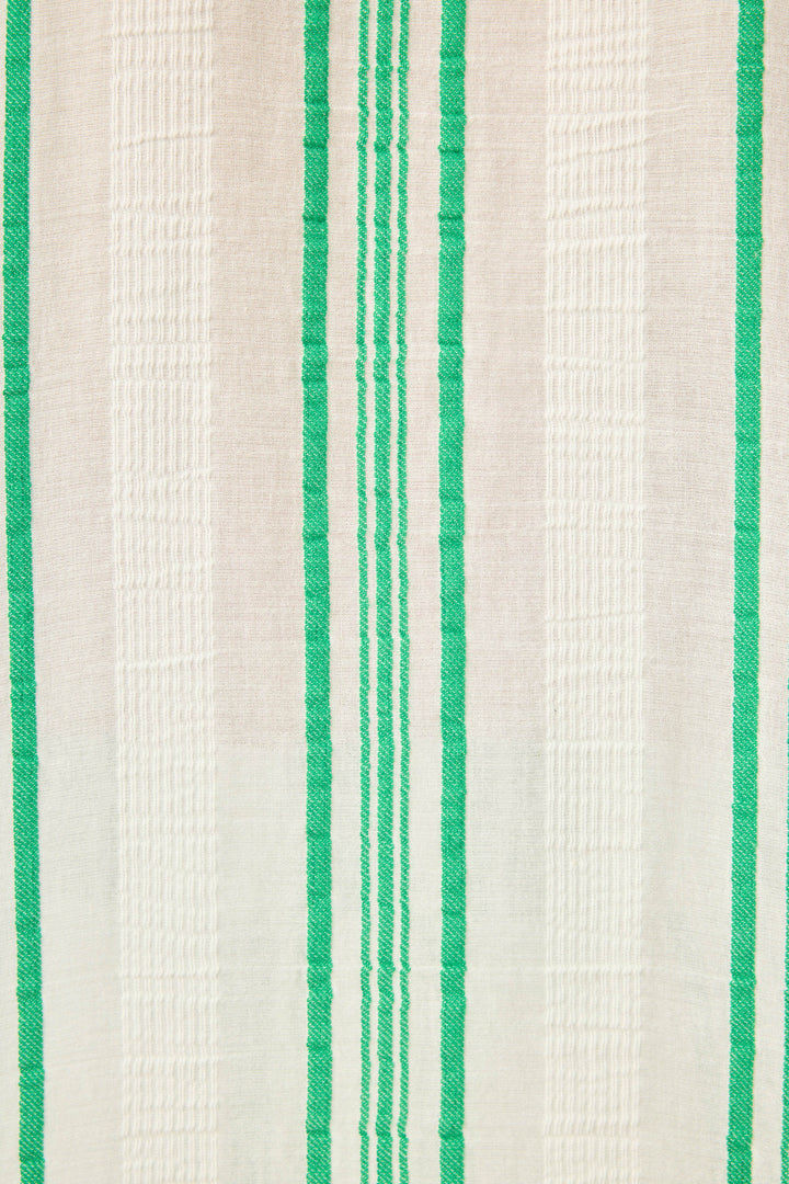 Women's green & white striped short sleeve button-front top in cotton woven gauze. With chest pocket & rounded hem.
