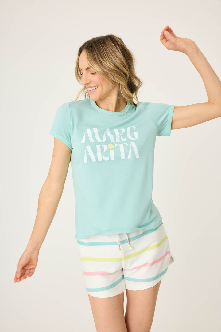 Women's short sleeve green t-shirt with MARGARITA graphic print on chest. Cotton-modal blend jersey.