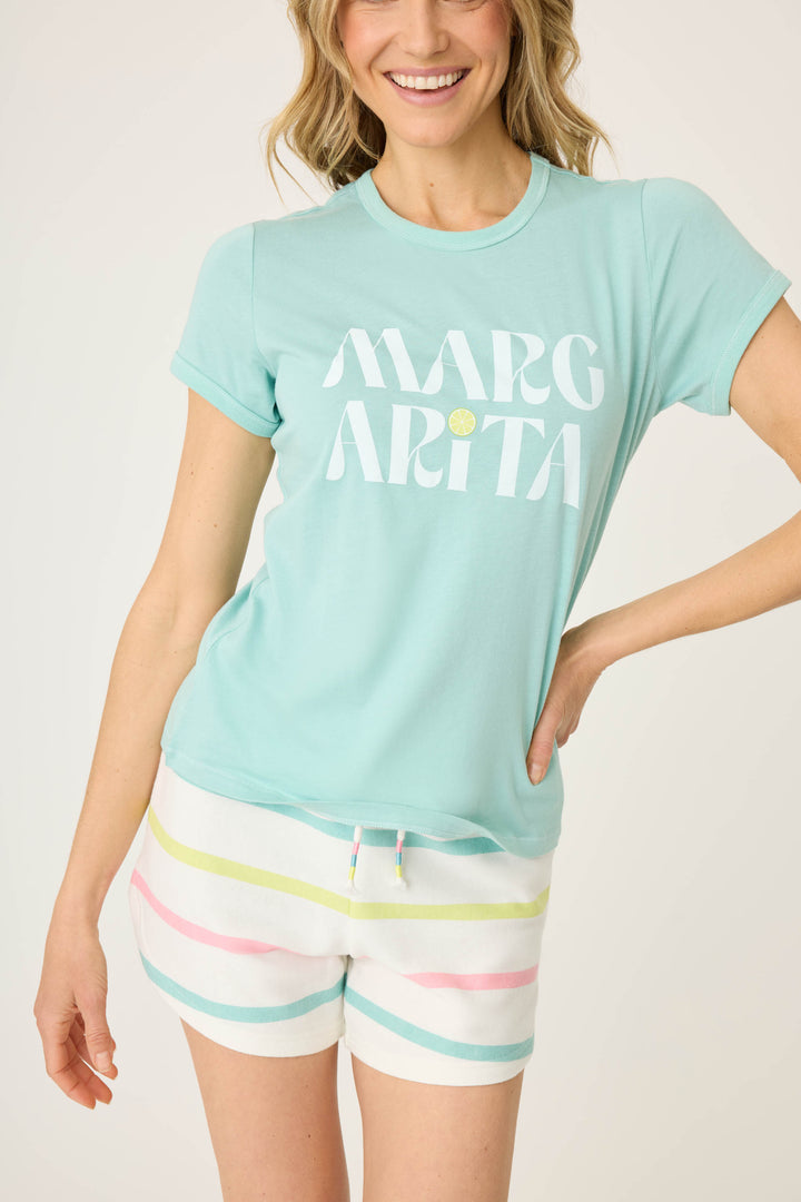 Women's short sleeve green t-shirt with MARGARITA graphic print on chest. Cotton-modal blend jersey.