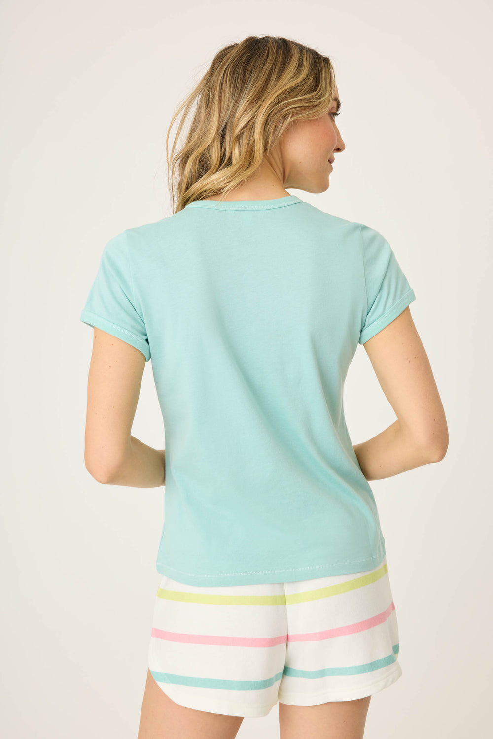 Women's short sleeve green t-shirt with MARGARITA graphic print on chest. Cotton-modal blend jersey.