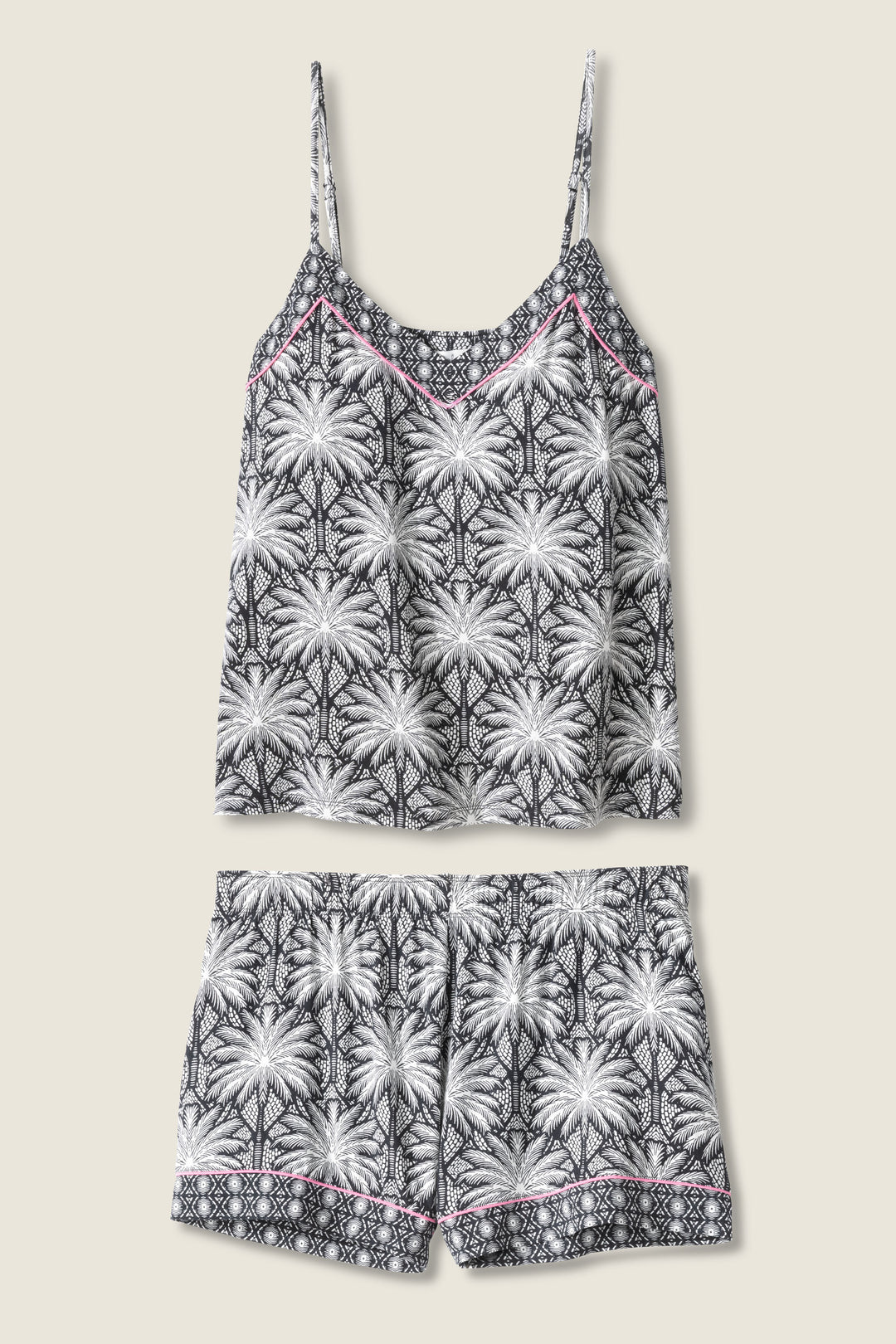 Women's black & ivory palm printed pajama short set in modal. Camisole & pj short with contrast pink piping.