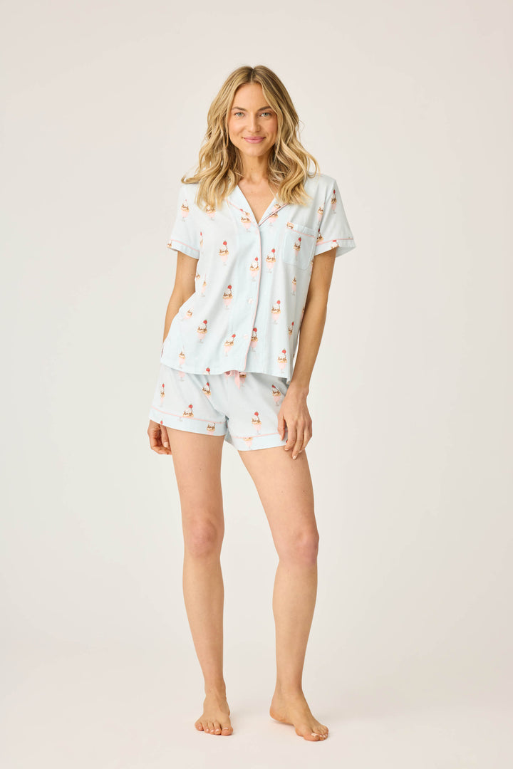 Women's light blue ice cream printed pajama short set. Short sleeve top & tie waist short with sunglass-shape sleep mask.