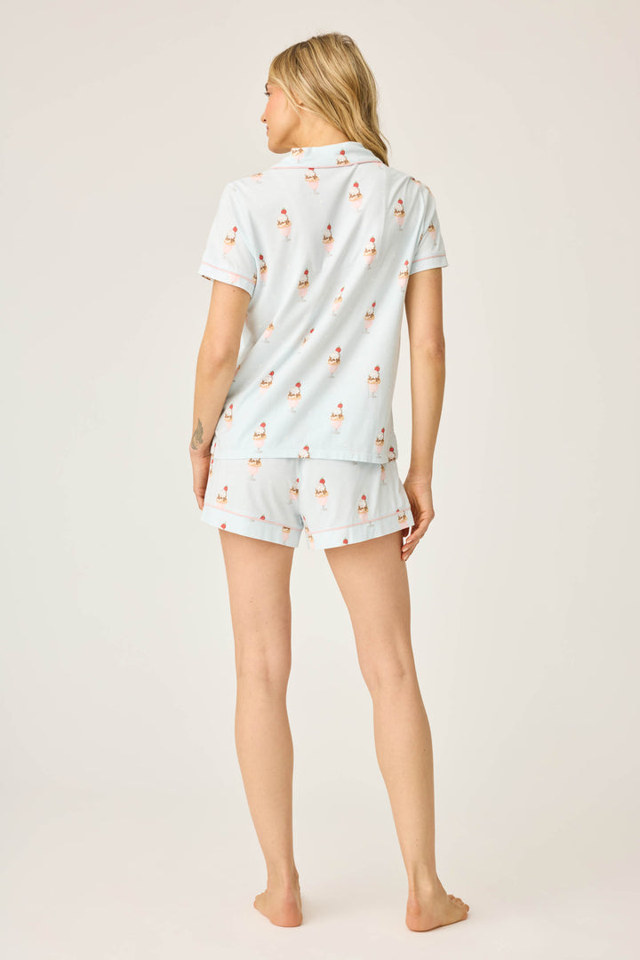 Women's light blue ice cream printed pajama short set. Short sleeve top & tie waist short with sunglass-shape sleep mask.
