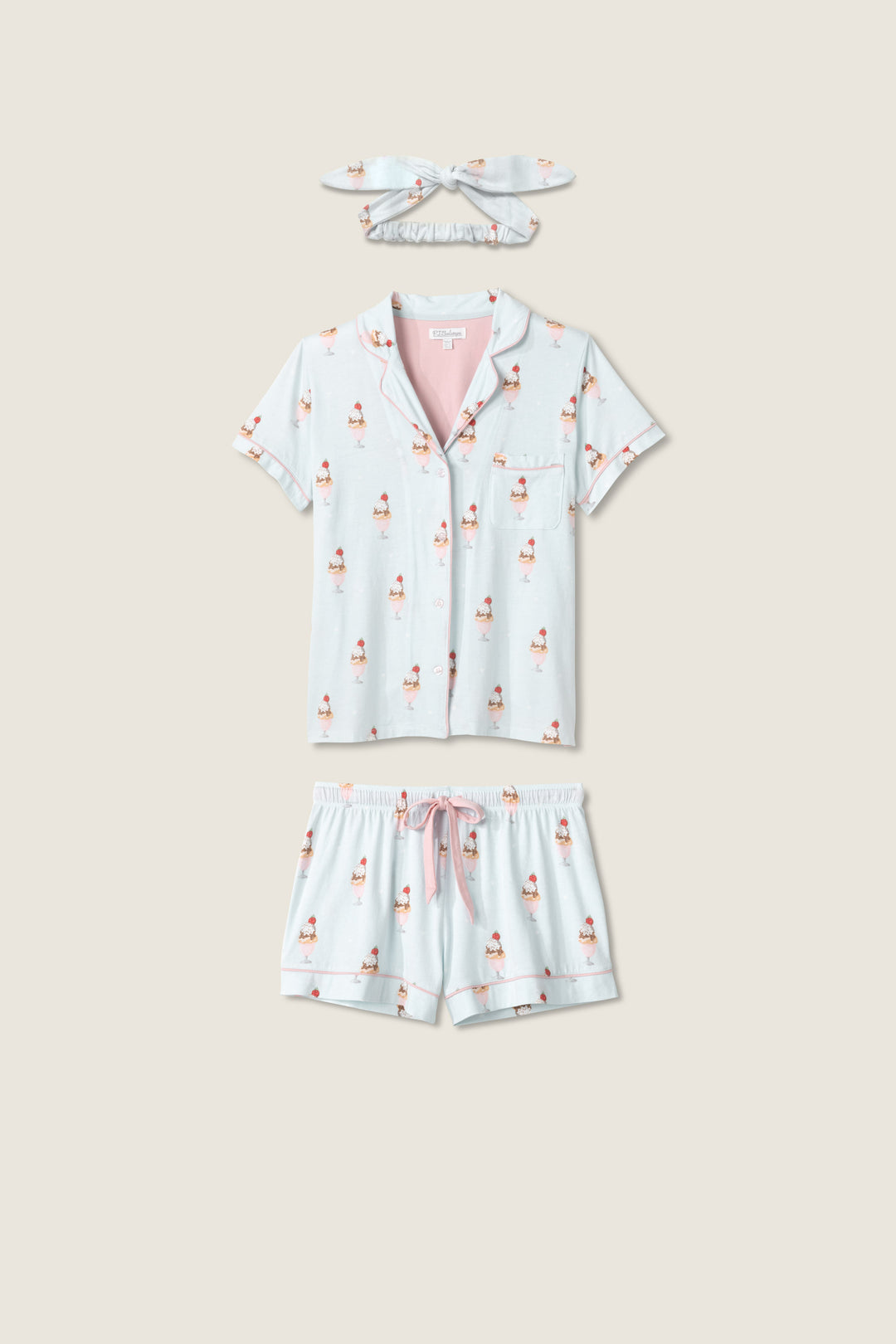 Women's light blue ice cream printed pajama short set. Short sleeve top & tie waist short with sunglass-shape sleep mask.
