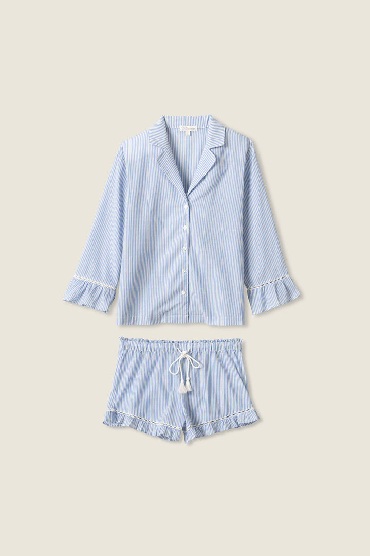 Women's blue & white striped sleep set. Cotton button front shirt with 3/4 ruffle sleeve. Short with ruffle hem & tassel tie waist.
