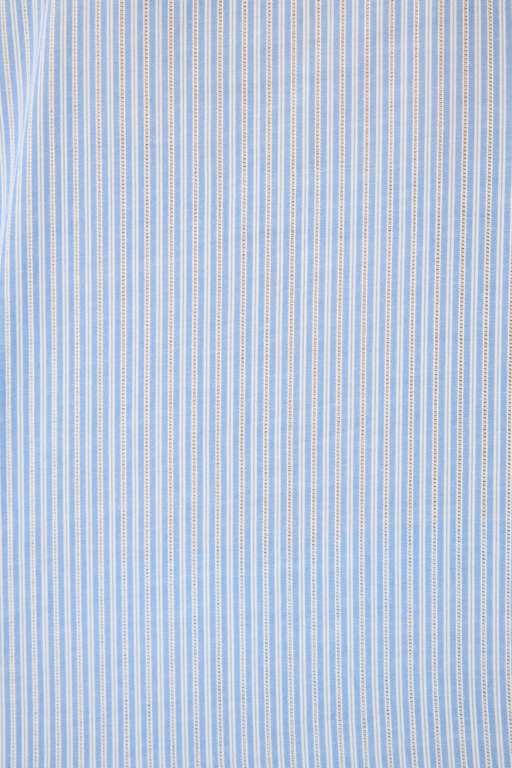 Women's blue & white striped sleep set. Cotton button front shirt with 3/4 ruffle sleeve. Short with ruffle hem & tassel tie waist.
