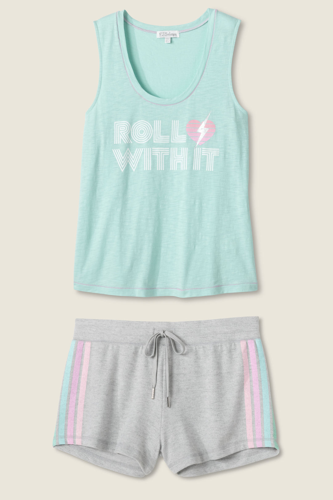 Women's lounge set with mint green graphic tank top & grey striped athletic-inspired short.