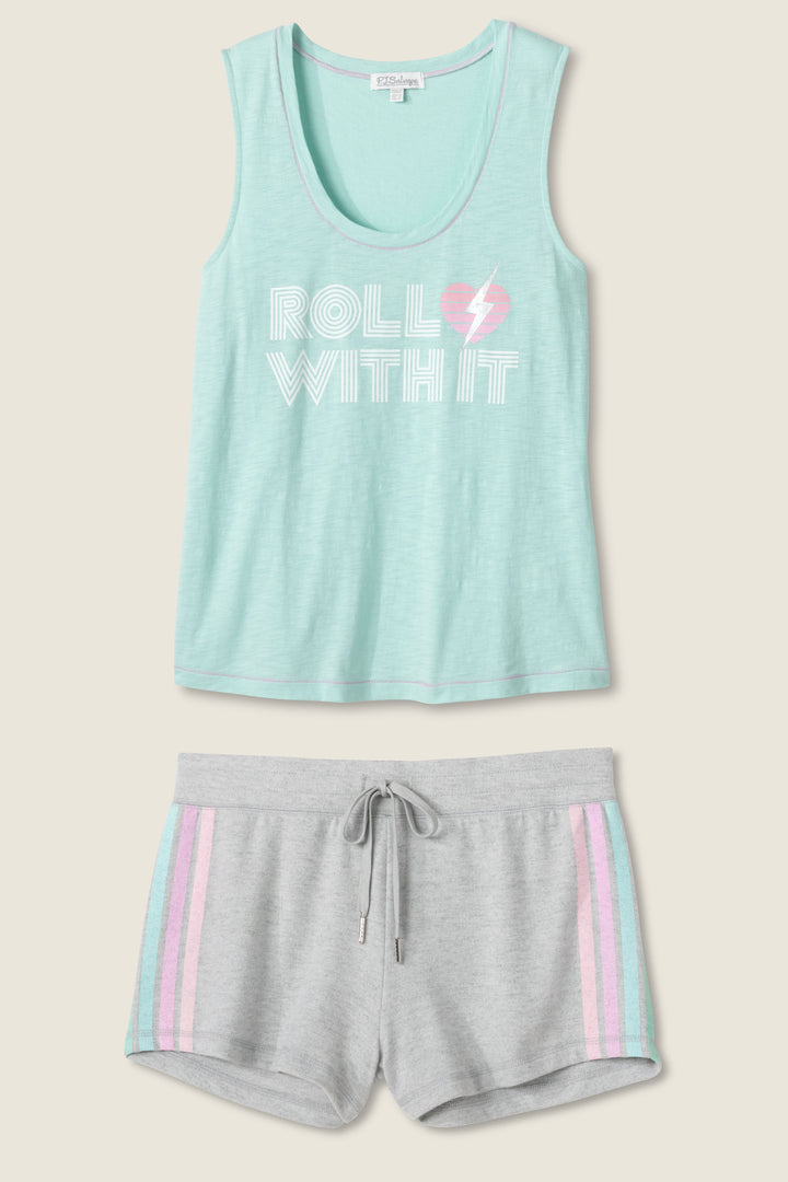 Women's lounge set with mint green graphic tank top & grey striped athletic-inspired short.