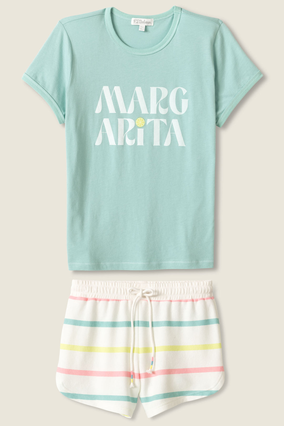 Women's t-shirt & striped short lounge set. Green cotton-blend tee with MARGARITA print and striped lounge short.
