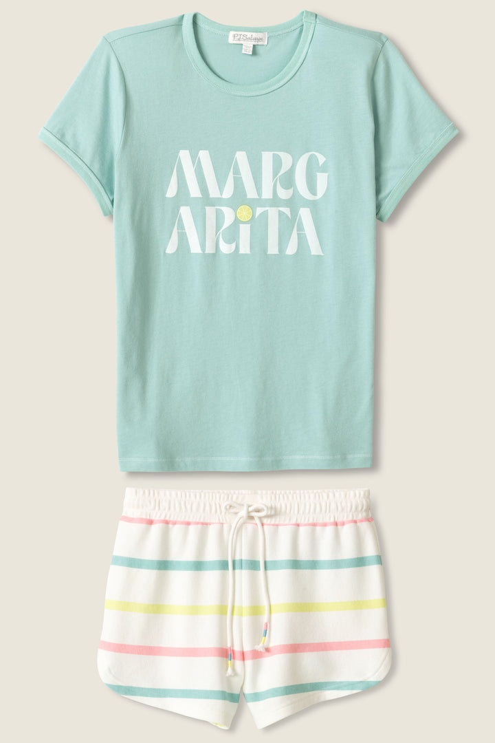 Women's t-shirt & striped short lounge set. Green cotton-blend tee with MARGARITA print and striped lounge short.