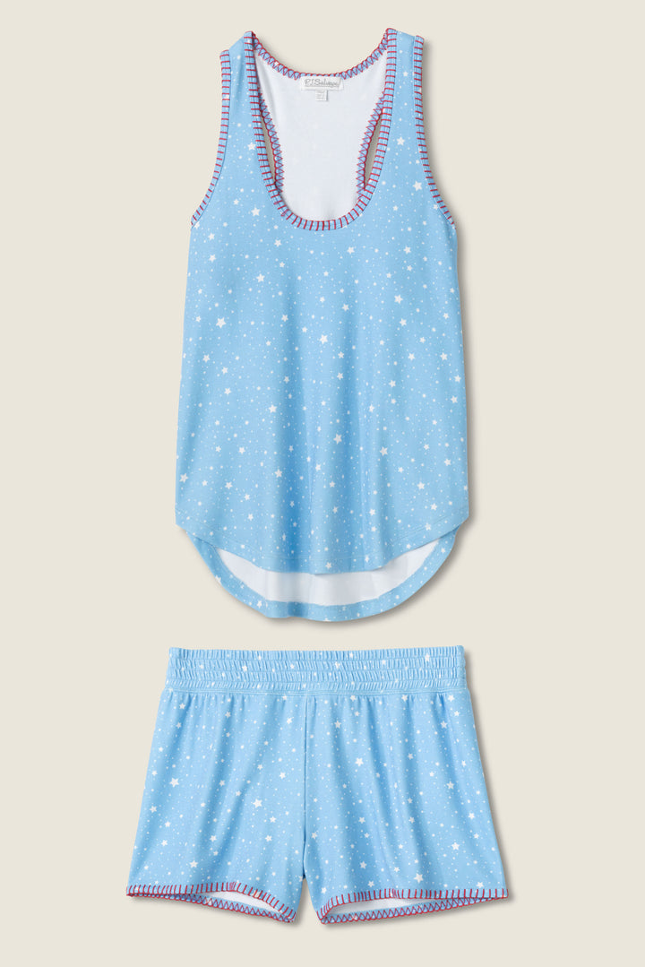 Women's blue & white stars print short pj set. Tank top & elastic short red whip-stitching detail.