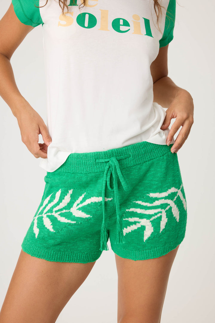 Women's green short wtih white palm print in cotton sweater knit.