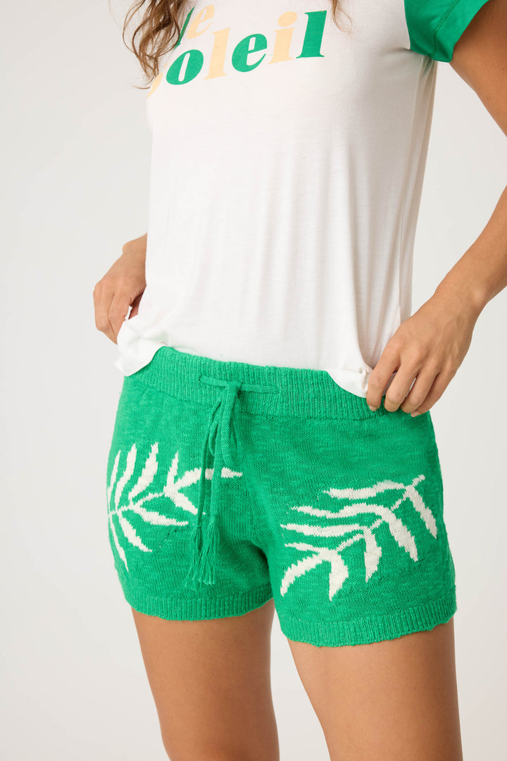 Women's green short wtih white palm print in cotton sweater knit.