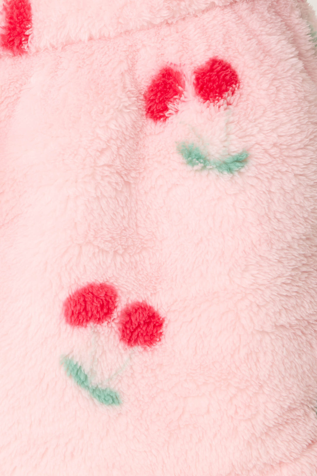 Women's pink fuzzy faux fur pj short with cherry pattern.