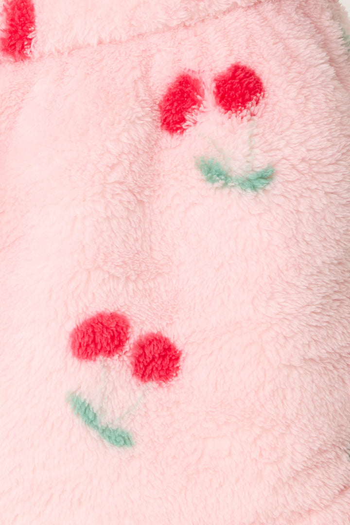 Women's pink fuzzy faux fur pj short with cherry pattern.