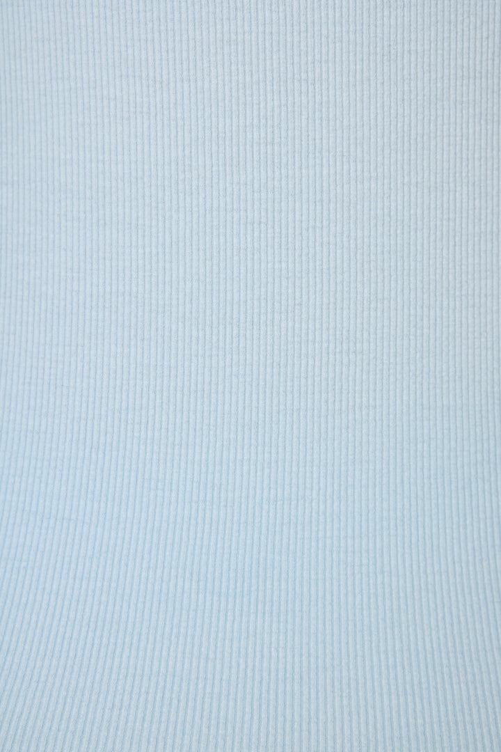Women's semi-fitted blue sleep short in micro-rib knit. With lace inset at hem. Tie waist.