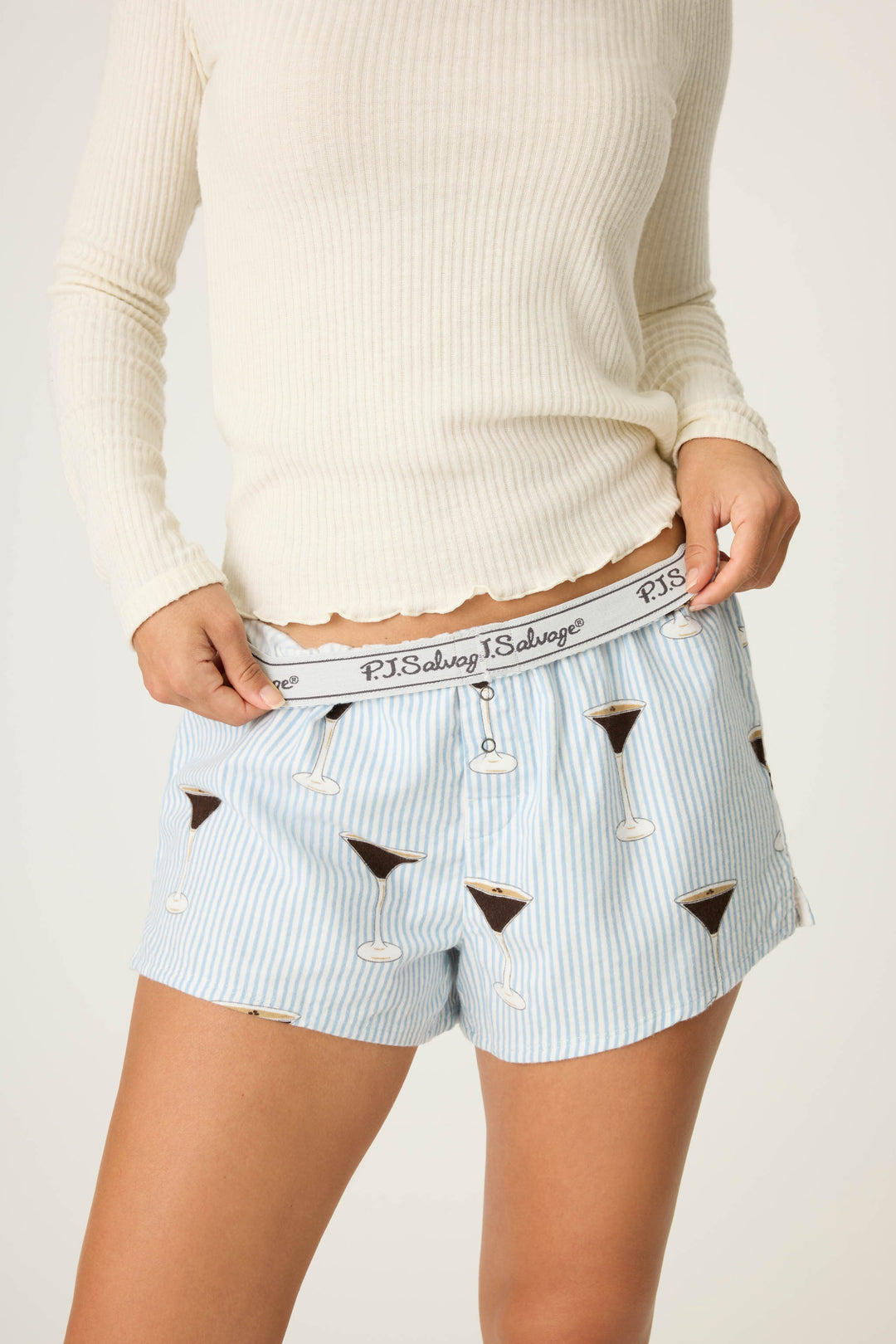Women's white and blue stripe pj short with espresso martini pattern.