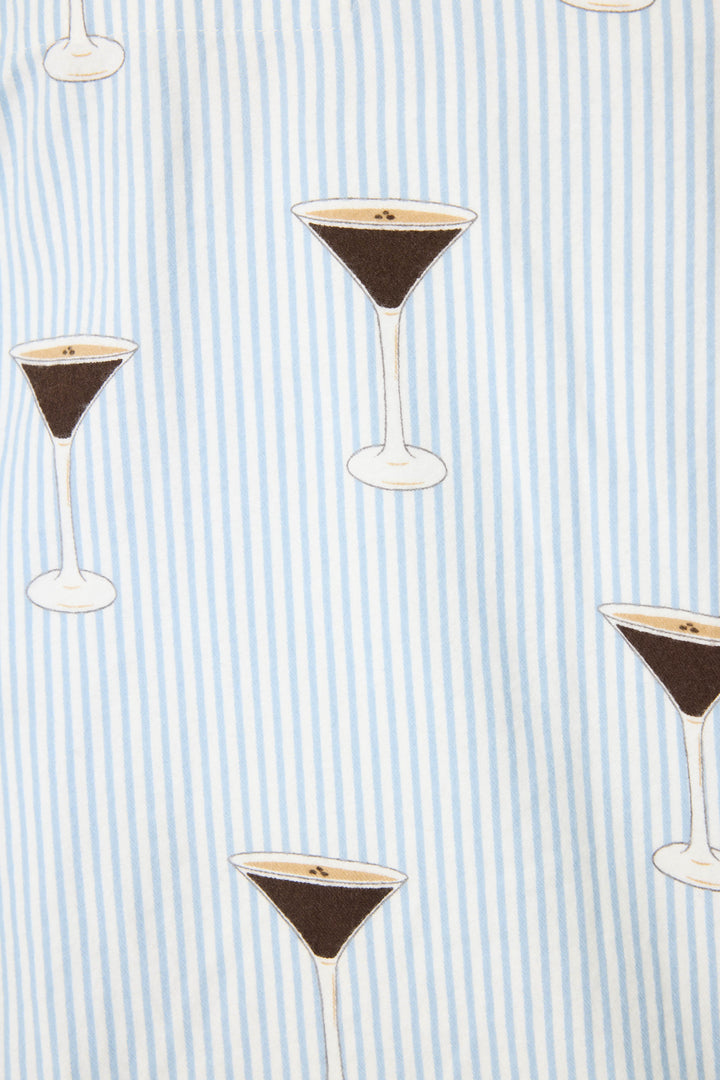 Women's white and blue stripe pj short with espresso martini pattern.