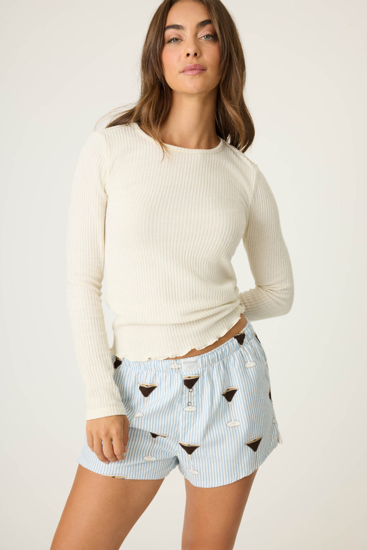 Women's white and blue stripe pj short with espresso martini pattern.